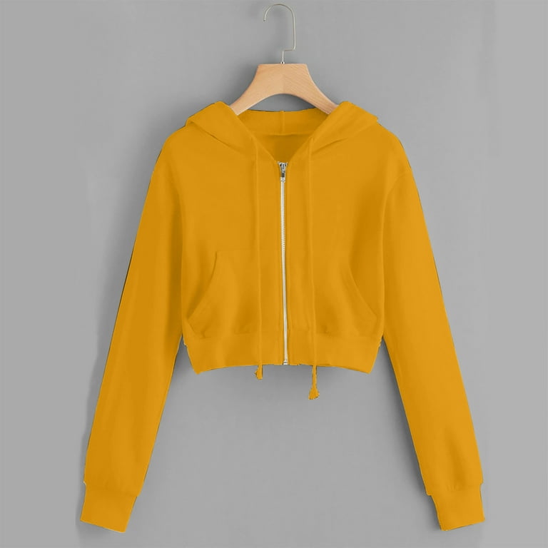 Crop Jackets Zip Up Womens Cute Workout Hoodie Long Sleeve Cropped  Drawstring Hooded Sweatshirt Outerwear (X-Large, Yellow 01)
