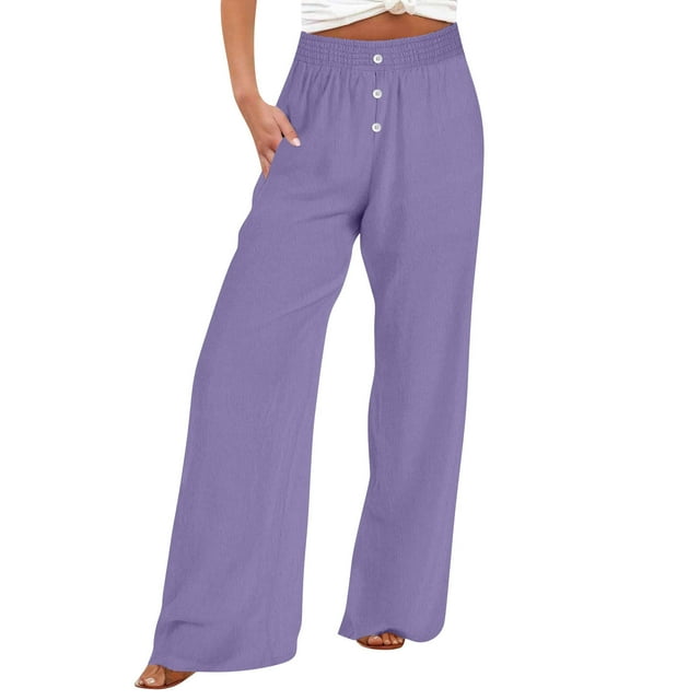 Timegard Womens Wide Leg Pants Summer Elastic High Waisted Button Lightweight Casual Pants with Pockets