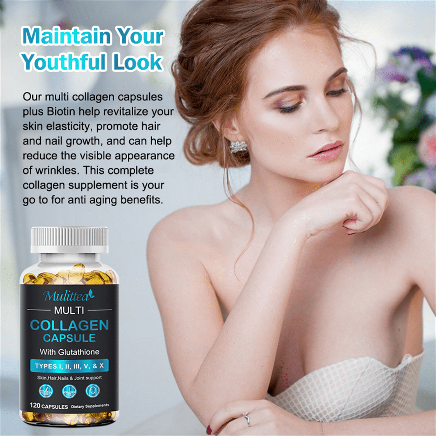 Multi Collagen Peptides Types I, II, III, V, X Capsules - Mulittea Multi Collagen Pills 710mg with Biotin Vitamin A B D - for Healthy Joints, Hair, Skin, Nails, 240 Capsules