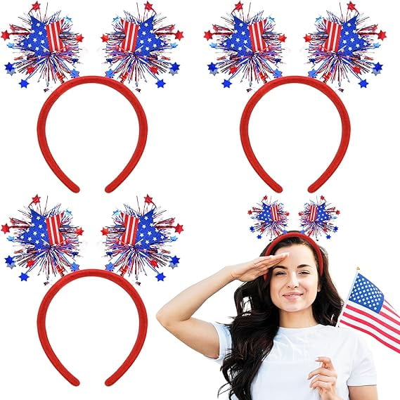 Jinswick 3 Pcs 4th of July Patriotic Star Headbands – Red White and Blue Tinsel Head Boppers for Independence Day, Memorial Day, Veterans Day, and USA-Themed Party Accessories