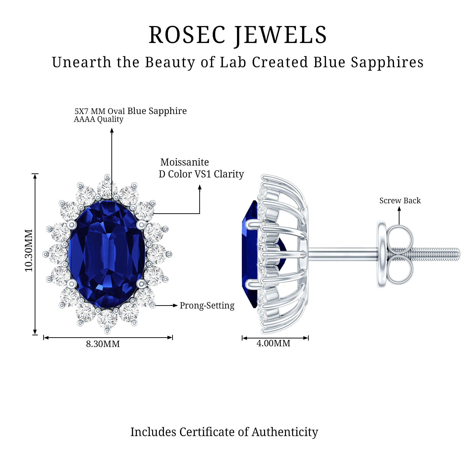 Rosec Jewels Lab Grown Blue Sapphire Halo Earrings in Silver - 5X7 mm Oval Sapphire Earrings Screw Back (AAAA Grade) - Ready to Gift