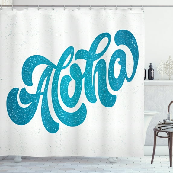 Ambesonne Aloha Shower Curtain, Curvy Bold Hand Lettering, 69"Wx75"L, Sea Blue and White