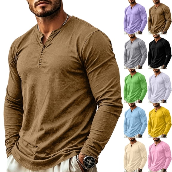 Mens Long Sleeve T-Shirt Casual Crewneck Shirts Basic Lightweight Vintage Tee Tops with Pocket