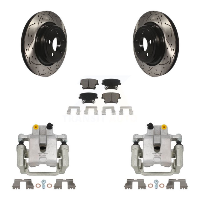 Transit Auto Rear Disc Brake Coated Caliper Drilled Slotted Rotors and Ceramic Pads Kit for Car Dodge Charger with Police Package KCD-100487C