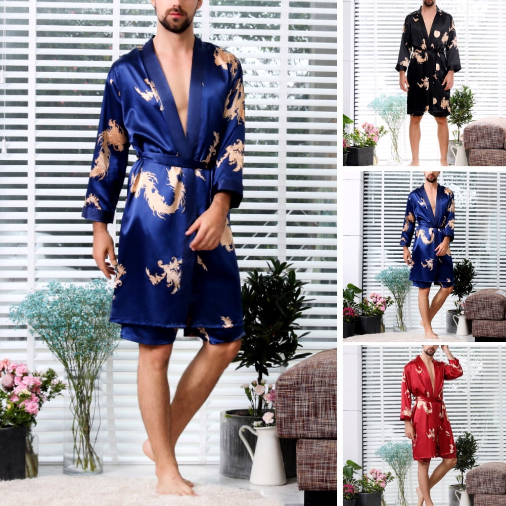 Mens Dragon Print Satin Sleepwear Kimono Bathrobe with Shorts Pajama Loungewear Mens Dragon Print Satin Sleepwear Kimono Bathrobe with Shorts Pajama Loungewear