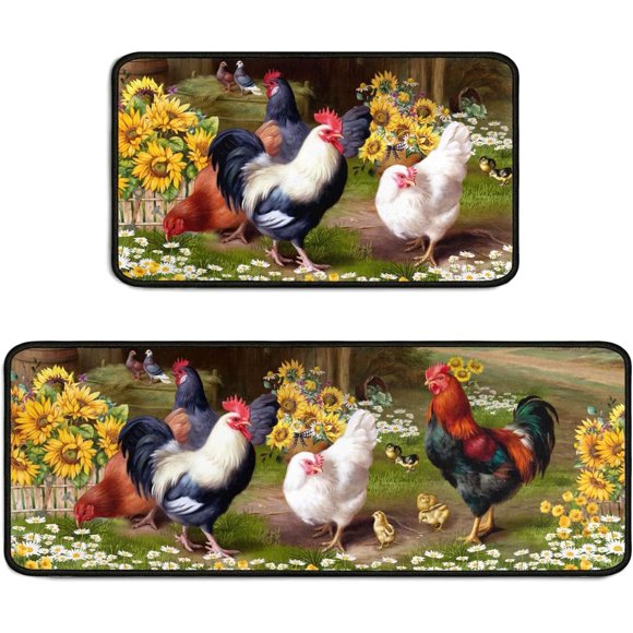 Rooster Kitchen Rug Decor 2 Pieces Set Farmhouse Style Kitchen Mat Washable Runner Rug Chicken Sunflower Decoration Indoor Floor Mat 17" x 47" + 17" x 30"