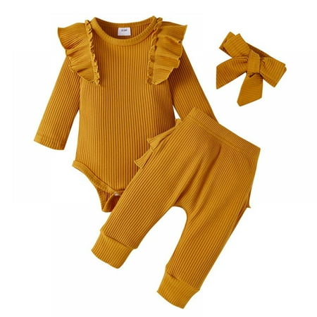 

Lovebay Newborn Infant Baby Girl Clothes Solid Knitted Ribbed Long Sleeve Romper Pants Headband Fall Winter Outfits Set 0-18 Months