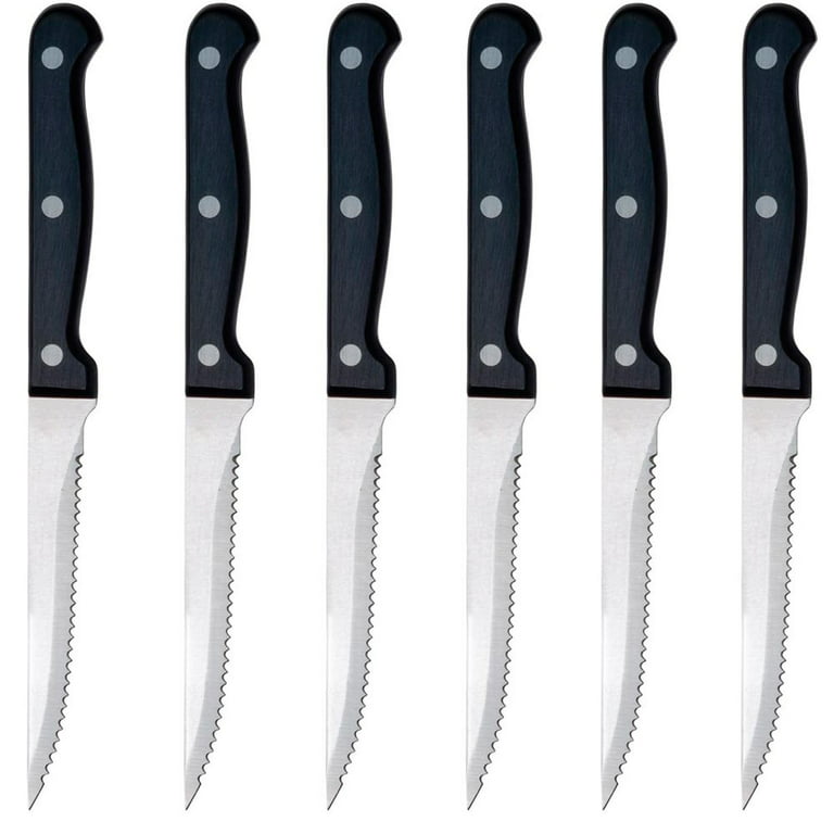 Vintage Knives Set of 6 Serrated Stainless Steel Black Plastic Handle US  Retro