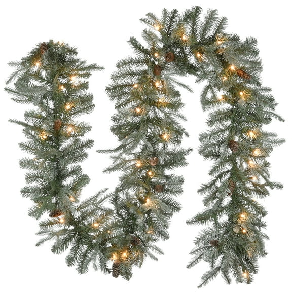 National Tree Company Pre-Lit Feel Real® Artificial Christmas Garland, Green, Arctic Spruce, White Lights, Decorated With Pine Cones, Plug In, Christmas Collection, 9 Feet