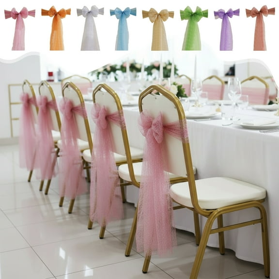 Yhmxh Metallic Web Mesh Chair Sash Chair Bow Sashes Crystal Sheer Tulle Dining Chair Bows Tie Ribbon for Wedding Birthday Engagement Ceremony Event Party Banquet Venue Hotel Decoration