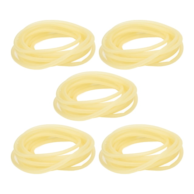 tubo de látex de torniquete, paquete de 5 tubos de caucho de látex natural, cada uno enrollado y de aprox. 5 m (16.4 ft), tono crema translúcido, vista frontal centrada sobre fondo blanco; uso habitual en laboratorio, torniquete médico y aplicaciones multifunción como accesorio para belleza o pesca.