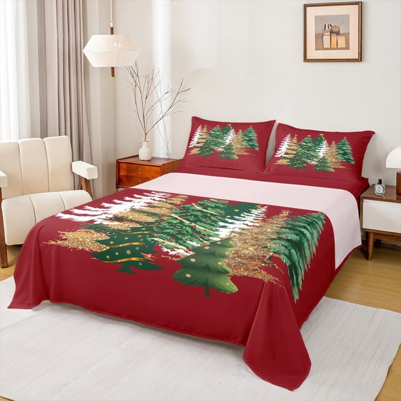 Homewish Fashion Xmas Tree Queen Sheet Sets for Teens, Vintage Rustic Plant Flat Sheet, Merry Christmas Queen Fitted Sheet, Breathable Home Decor, 4pcs