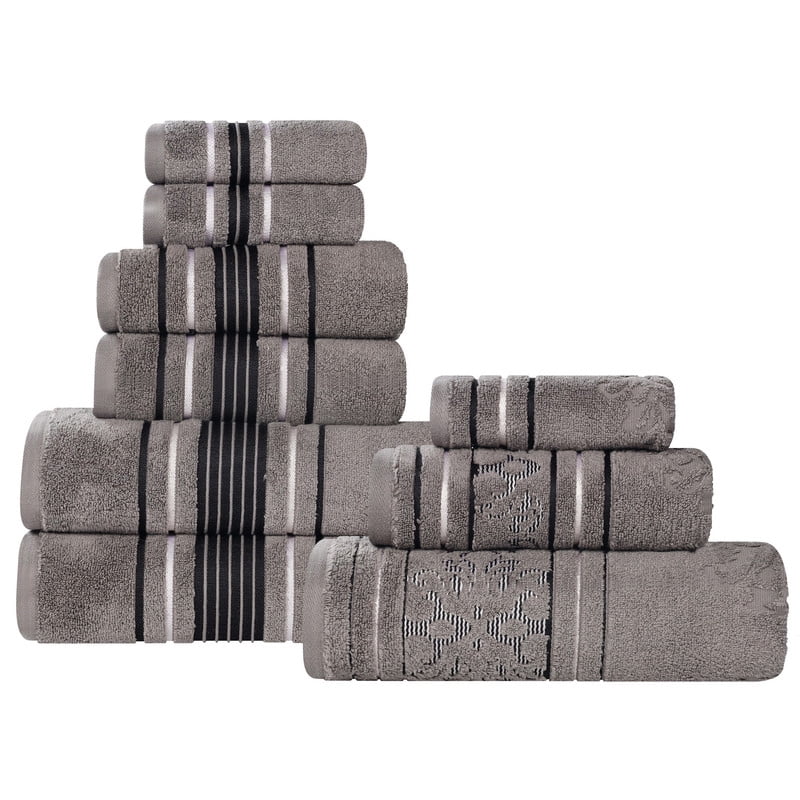 Superior Sadie Zero Twist Cotton Floral 9 Piece Towel Set, Charcoal