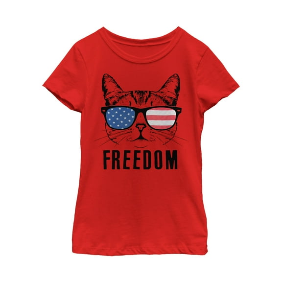 Girl's Lost Gods USA Freedom Cat  Graphic Tee Red Large
