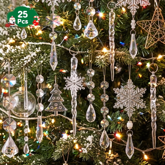 Christmas Tree Decoration Crystal Ornaments - 25cs Acrylic Christmas Ornaments Snowflake Icicle Drop Crystal Hanging Ornaments for Xmas Tree Winter Holiday Frozen Party Decorations
