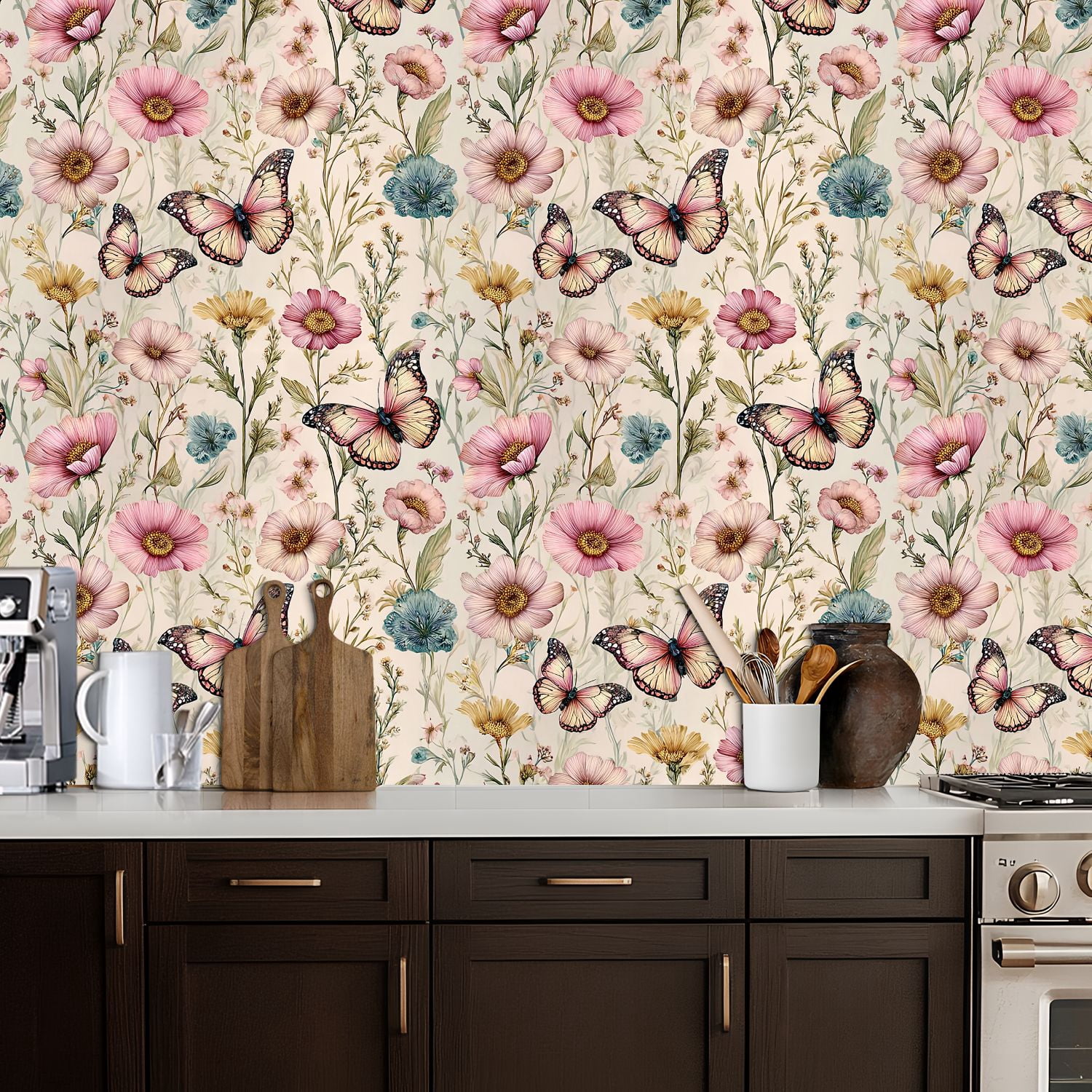 Peel and Stick Wallpaper Delicate Pink Blue Floral Butterflies Botanical Spring Wall Mural 17.7in x 9.8ft Self Adhesive Removable Wall Paper Renter Friendly Wallpaper for Nursery Bedroom Cabinets