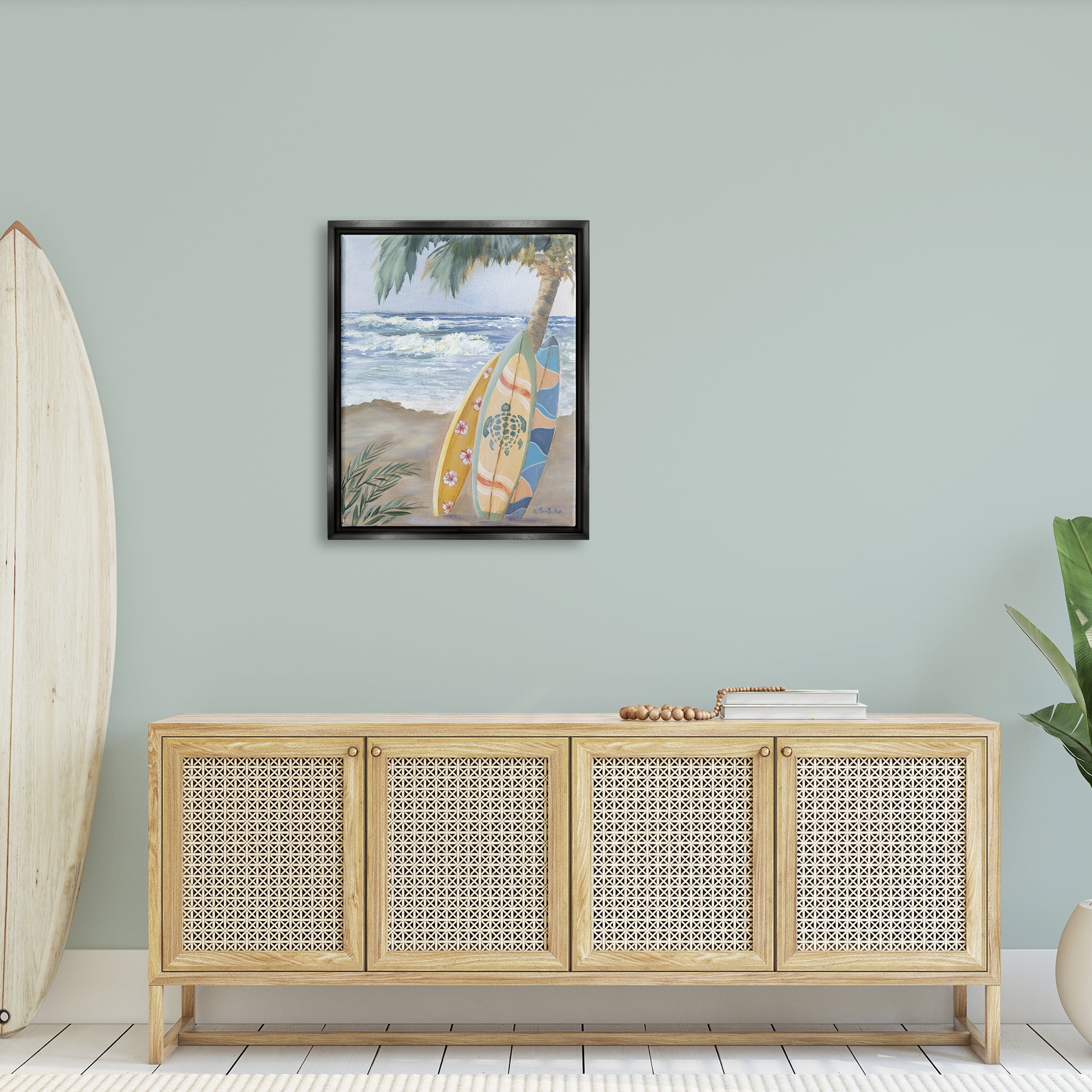 Stupell Fun Summer Surfboards Leaning Palm Tree Landscape Painting Black Floater Framed Art Print Wall Art