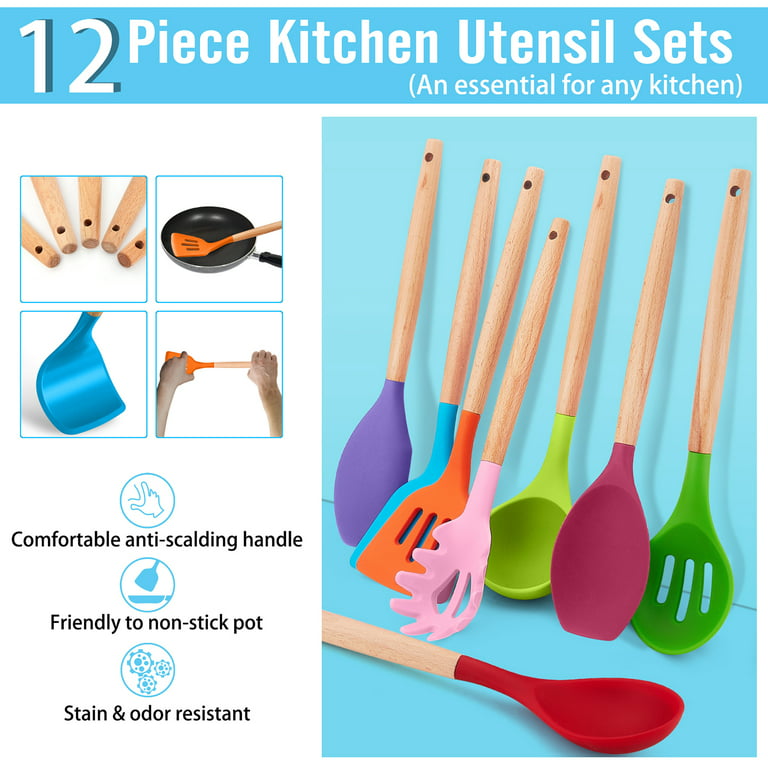12pcs/set Silicone Kitchen Utensil Set With Wooden Handles Including Pot  Spoon, Turner, Soup Spoon And Spatula