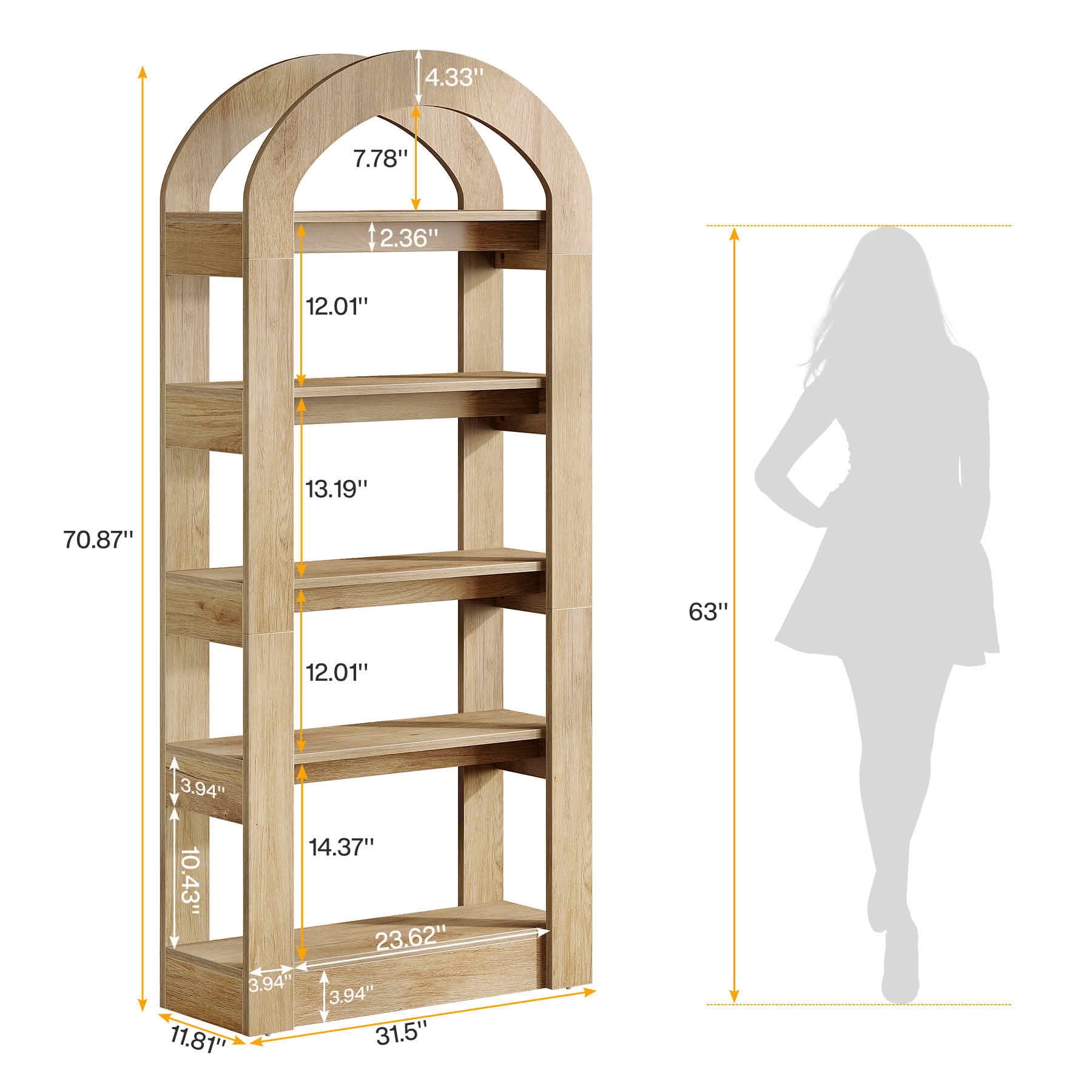 MAYEERTY Modern Arched 5-Tier Tall Bookcase, Heavy Load Storage Display Shelf, Multi-Functional Room Divider for Home & Classroom