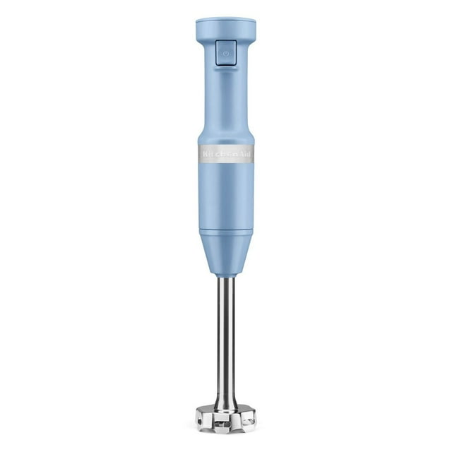 KitchenAid blue variable speed corded hand blender with stainless steel blending shaft and power button on handle.