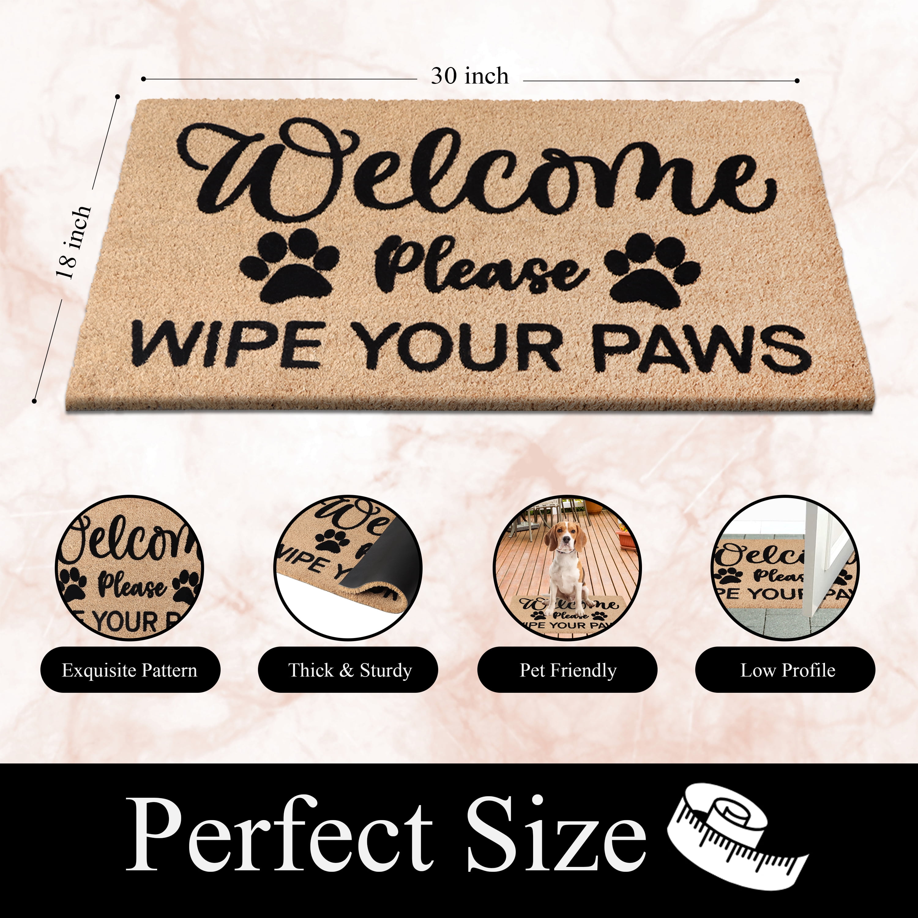 A1HC Natural Coir Flocked Welcome Paws Doormat, 18"x30", Durable & Non-Slip