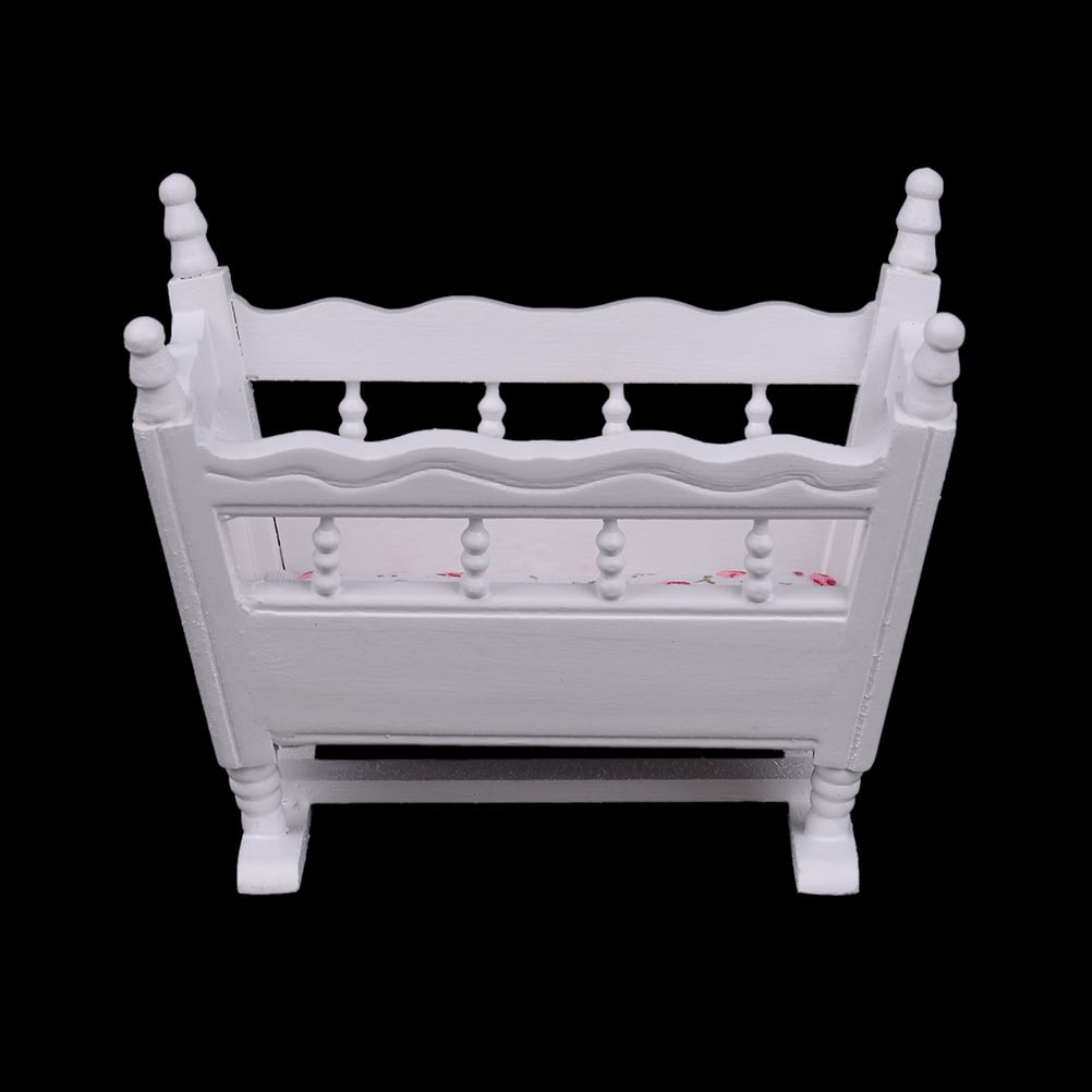 Dollhouse miniature white wooden baby rocking cradle crib nursery room V! 