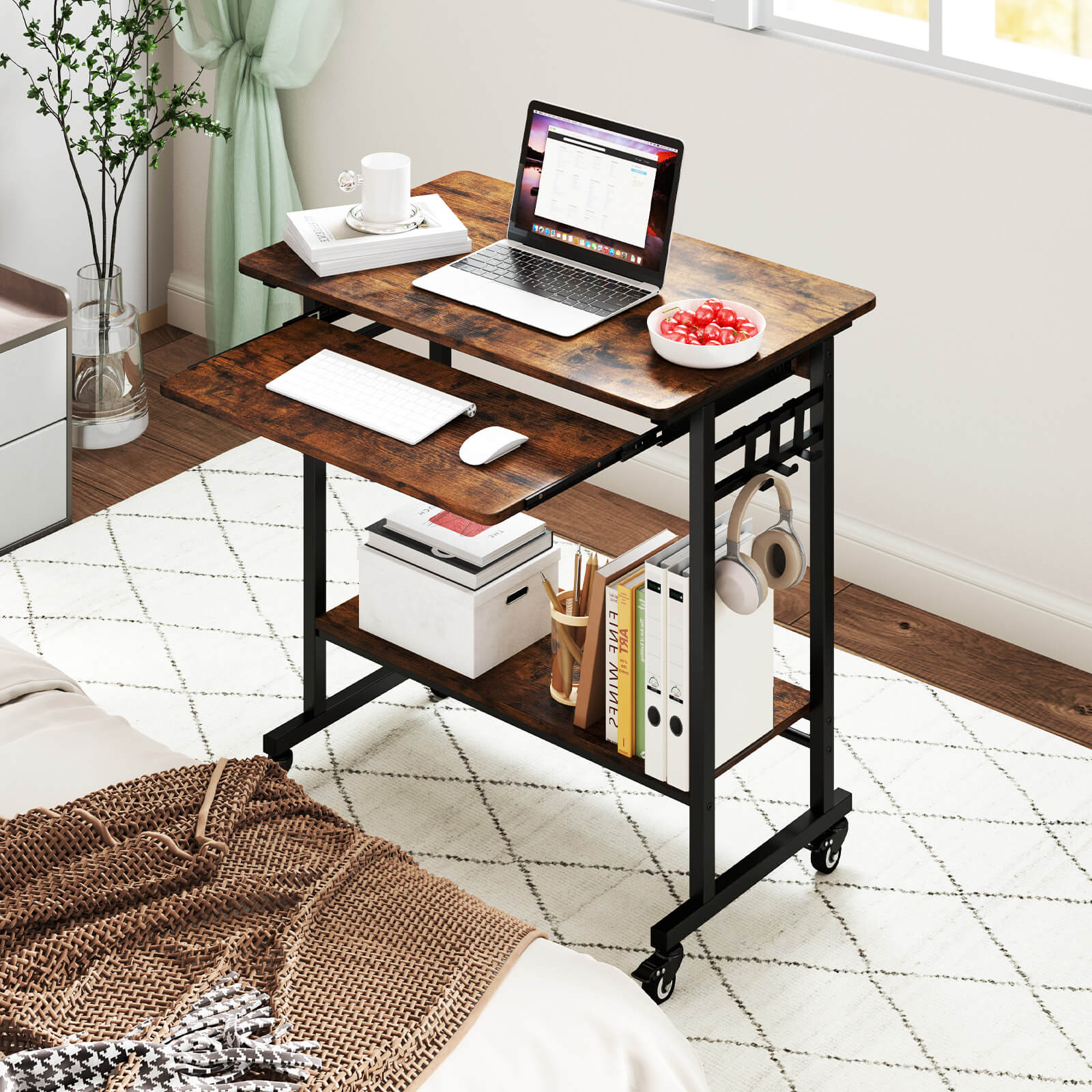 Costway Mobile Laptop Desk with Keyboard Tray, Lower Shelf, 3 Hooks, 4 Universal Wheels Rustic Brown