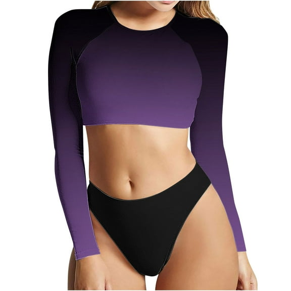 Two Piece Bathing Suits for Women,Long Sleeve Gradient Crewneck Tankini Top and Cheeky Swimwear Bottom