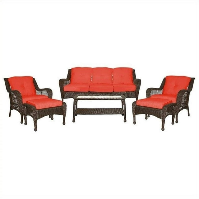 Jeco 6pc Wicker Seating Set in Espresso with Red Cushions