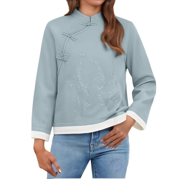 Vinsonshop Women’s Embroidered Tops Embroidered Boho Tops Linen Clothes for Women Mandarin Collar Chinese Outfit Women Peasant Tops Tunic Tops Beachy Outfits for Women (M-4XL)