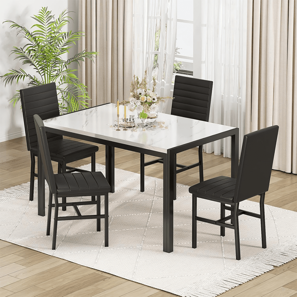 LinkRomat Dining Table Set for 4, Faux Marble Kitchen Table & 4 Black Upholstered Chairs, Modern Dinner Table Set for Dining Room, Small Spaces