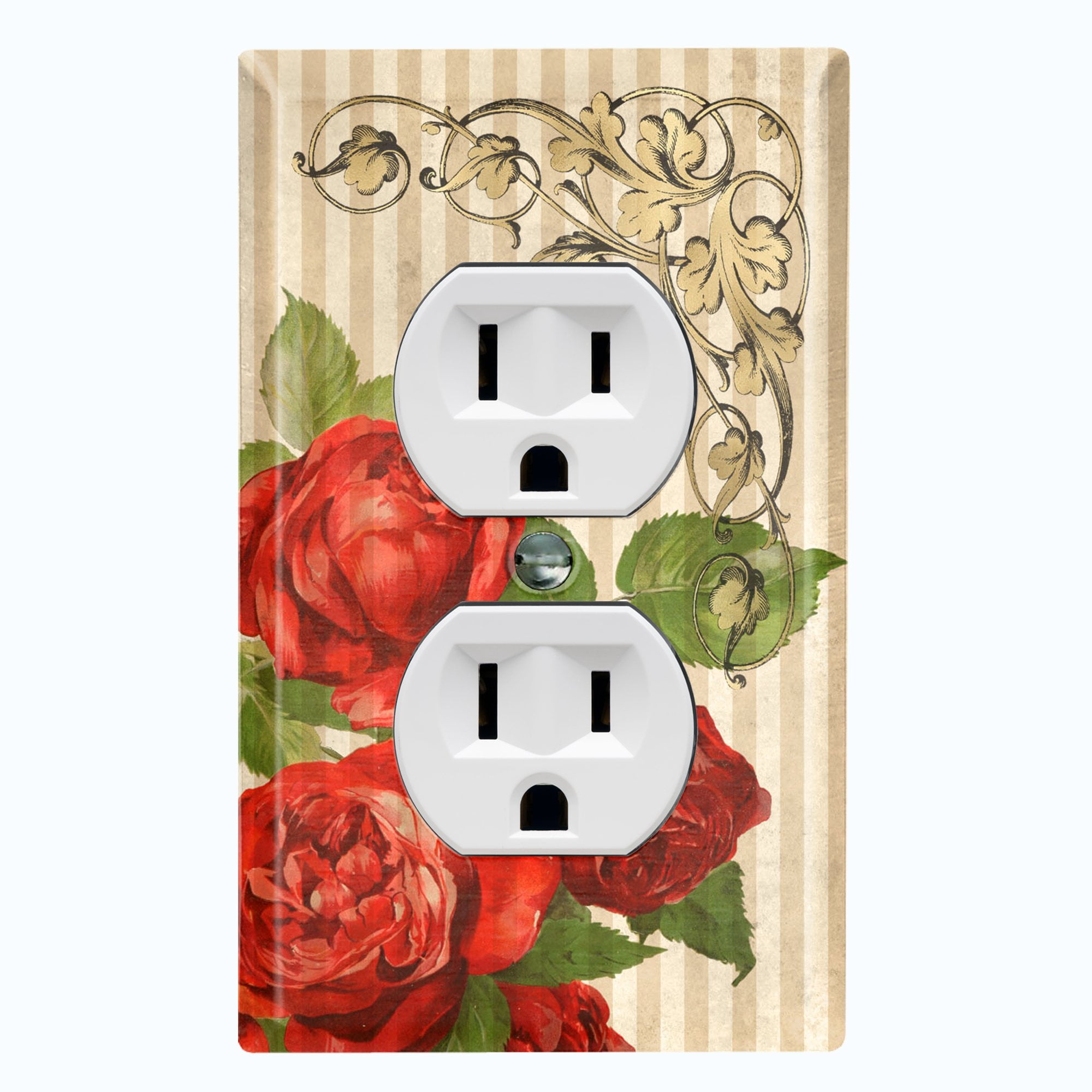 Metal Light Switch Plate Outlet Cover Red Rose Striped Damask Tan