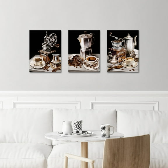 3 Pieces Coffee Canvas Wall Art Vintage Coffee Bean Coffee Cup The Food Picture Print On Canvas for Rustic Kitchen Dining Room Cafe Bar Decor Ready to Hang 16x12inchx3pcs (Black)