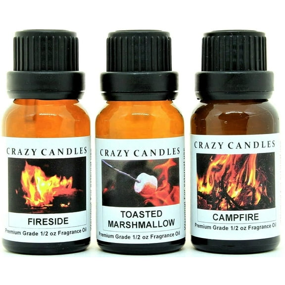 Crazy Candles 3 Bottle Set: Fireside, Toasted Marshmallow, Campfire 1/2 Fl Oz Each (15ml) Premium Grade Scented Fragrance Oil Made in USA