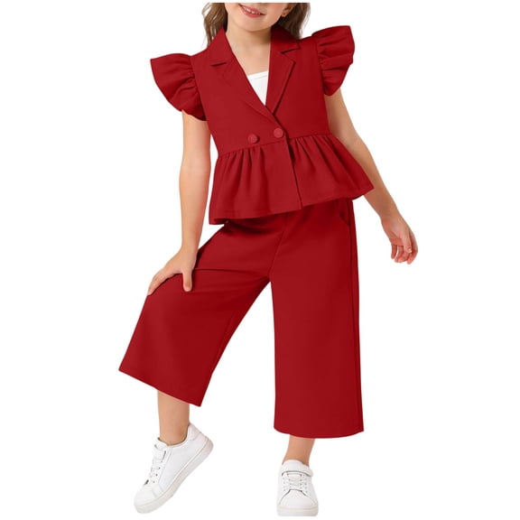 BLVB Toddler Girls Clothes Kids 2 Piece Outfit Ruffle Sleeve Blazer Vest with Wide Leg Pants Spring Summer Outfits 2-8Y