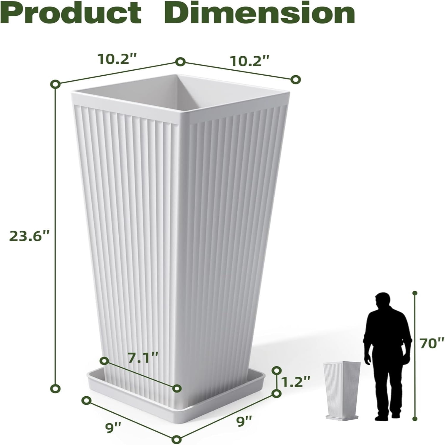 TOPCOMFY Tall Planters for Outdoor Plants Set of 2, 23.6" Modern Tapered Indoor Flower Pots with Drainage Holes/Partition/Tray for Porch Patio Garden, White