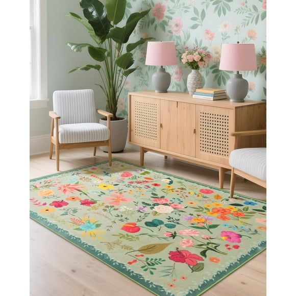 Alfombra CRYPTOLITE Boho, lavable, 120 x 180 cm, pelo bajo, color verde