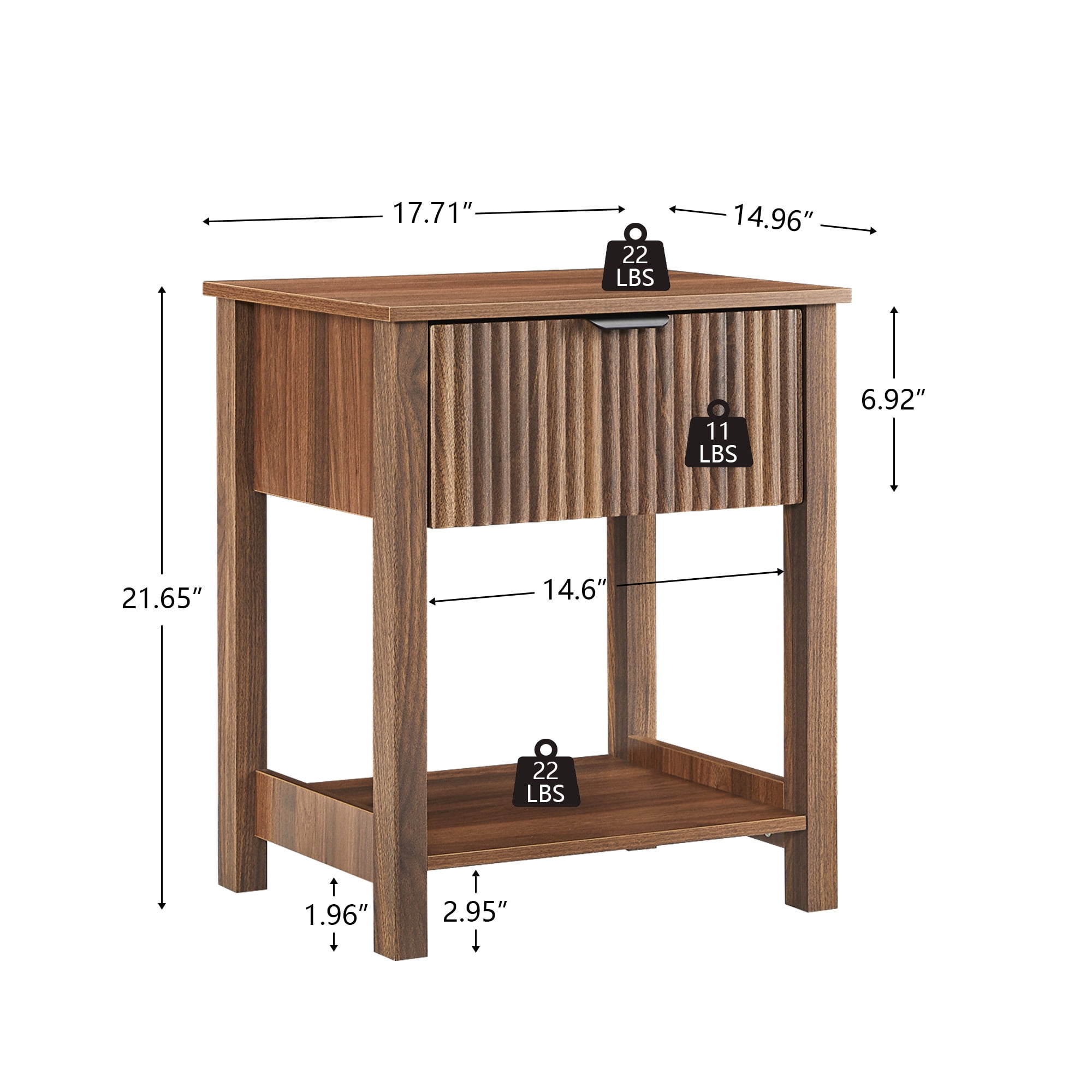PHOYAL Fluted Nightstand for Bedroom, Wood Bedside Table with Drawers, Walnut