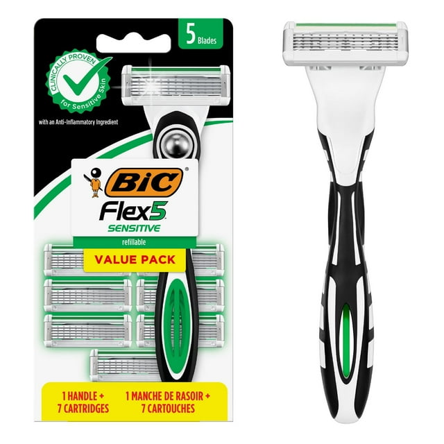 BIC Flex 5 Sensitive Men's Refillable Manual 5-Blade Razors, Comfortable Shave, 1 Handle and 7 Cartridges