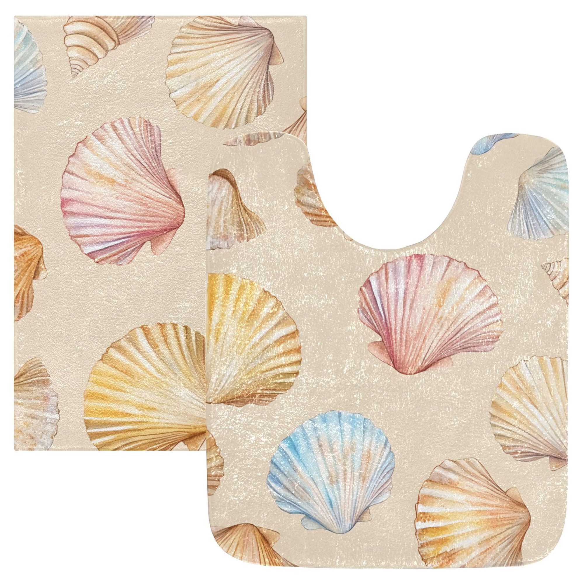 Yayeee Bath Rugs for Bathroom Floor Set of 2 Non Slip Fluffy Soft Absorbent Mat, Watercolor Seashell