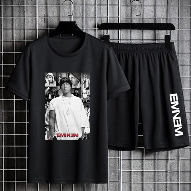 Eminem-Camiseta ajustada con estampado sombreado para hombre, pantalones cortos, traje deportivo de manga corta, camisetas informales de gran tamaño, pantalones cortos de Hip Hop, conjuntos de dos pie