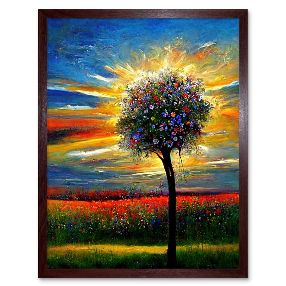 Wildflower Tree Sunset Poppy Meadow Oil Art Print Framed Poster Wall Decor 12x16 inch