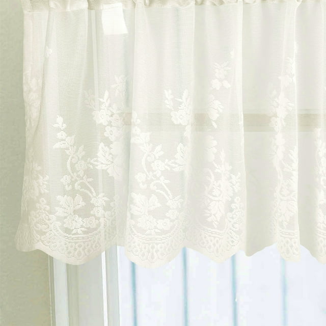 stanreset Embroidered Lace Flower Home Window Voile Sheer Valance Cafe Tiers Curtains Beige 130x41 5Set