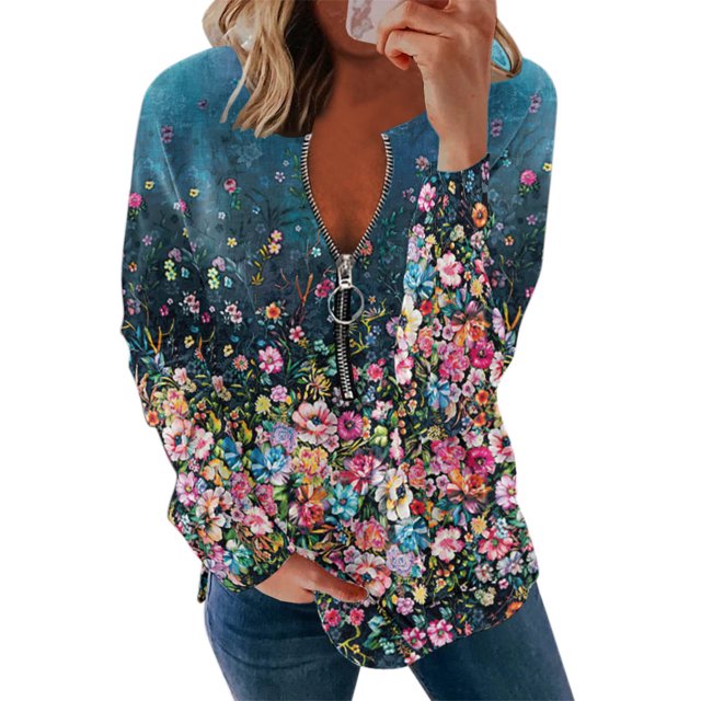 Tops de Entrenamiento Para Mujer, Tops de Otoño, Manga Larga, Cremallera, Cuello en V, Jersey Con Estampado Floral, Sudadera de Gran Tamaño, Blusas Tipo Túnica Holgadas Odeerbi ODB178972