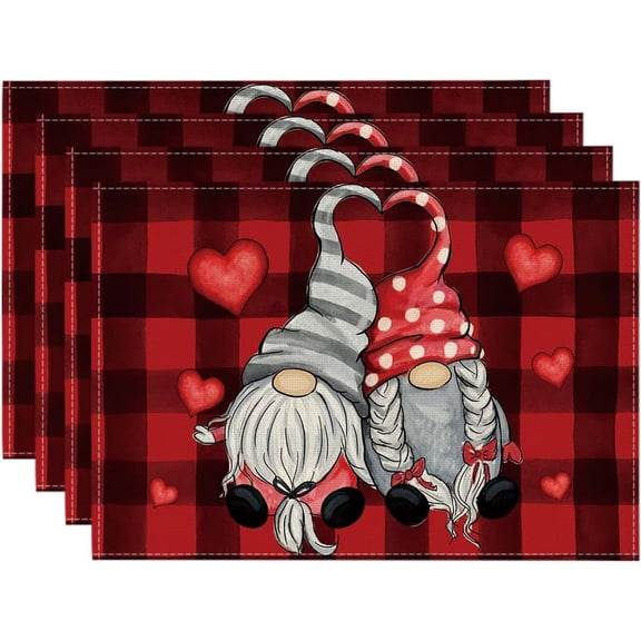 Red Black Buffalo Plaid Hearts Gnomes Love Valentine Placemats Set of 4, 12x18 Inch Anniversary Table Mats for Party Kitchen Dining Decoration
