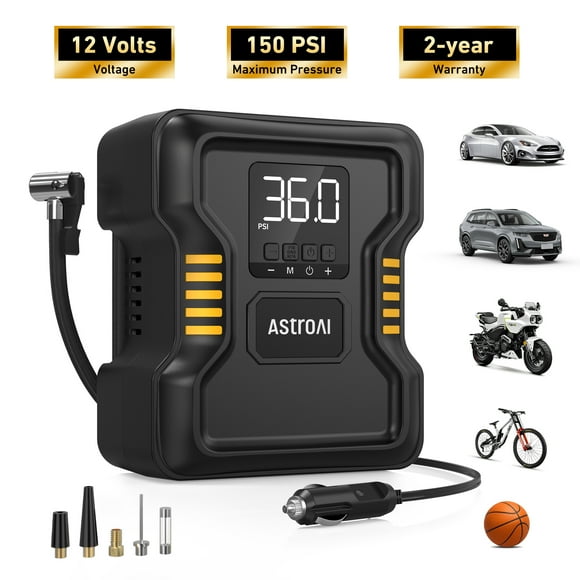 AstroAI Gonfleur de Pneus 150 Psi, Compresseur d'Air Portable à Cylindre Métallique, Pompe de Gonflage Rapide avec Lumière DEL pour Pneus, 12 V C.c.