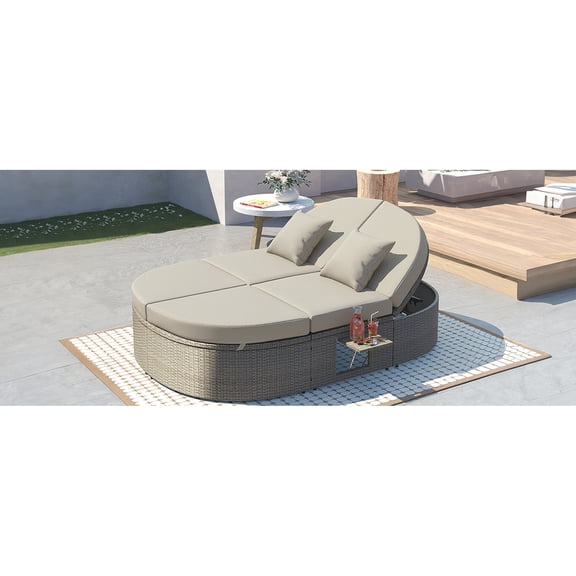 Outdoor Sun Bed Daybed For Two. Garden Reclining Lounge With Cushions. Adjustable Backrests, Foldable Cup Trays. Gray Patio Furniture Lawn, Pool. Luxury Modern Chaise And 3 Different Height Options