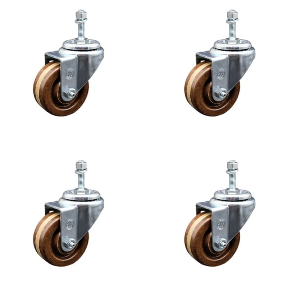 High Temperature Phenolic Swivel Threaded Stem Caster Set of 4 w/3" x 1.25" Brown Wheels and 12mm Stems - Includes 4 Swivel - 1200 lbs Total Capacity - Service Caster Brand