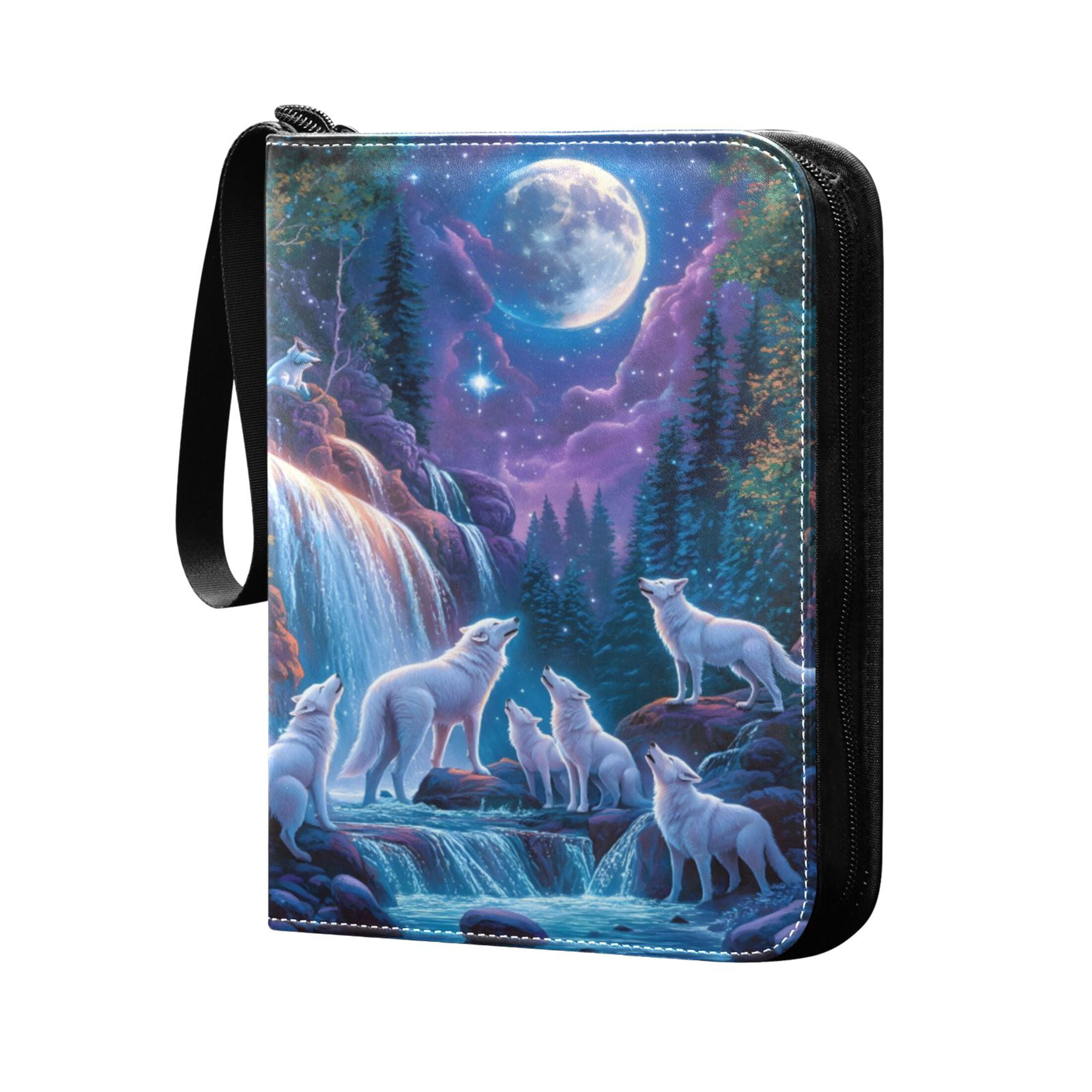 Trading Card Binder Album 400 Pockets 50 Removable 4-Pocket Pages Waterproof White Wolf and Waterfall Moon