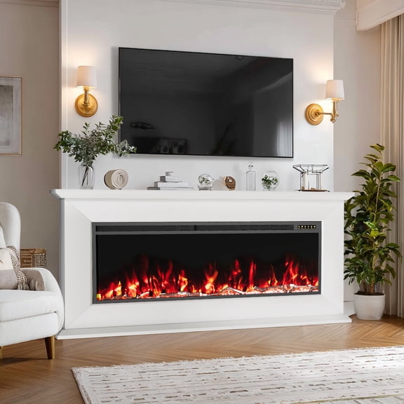72" Electric Fireplace TV Stand with Mantel, 60" Fireplace Insert, 1500W Heater, 12 Flame Effects & 15 LED Colors, Remote, Timer, White
